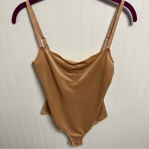 SKIMS Satin Cowl Neck Bodysuit in Camel